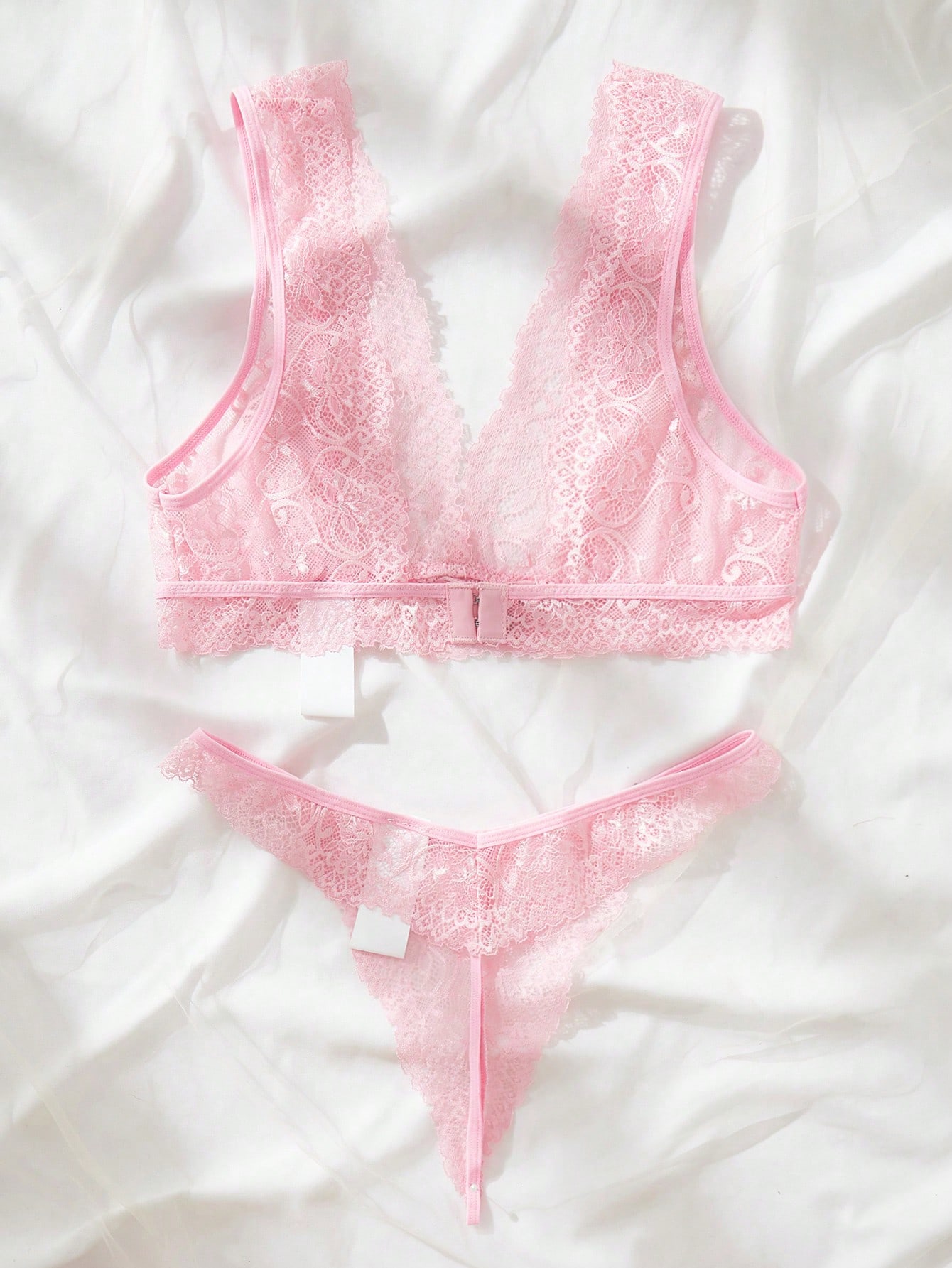 Lace Bralette Set - Roze kant lingerie set, doorschijnende bloemen